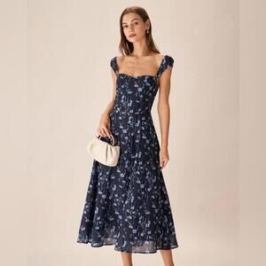 RIHOAS Navy Floral Sweetheart Neck Midi Dress S
